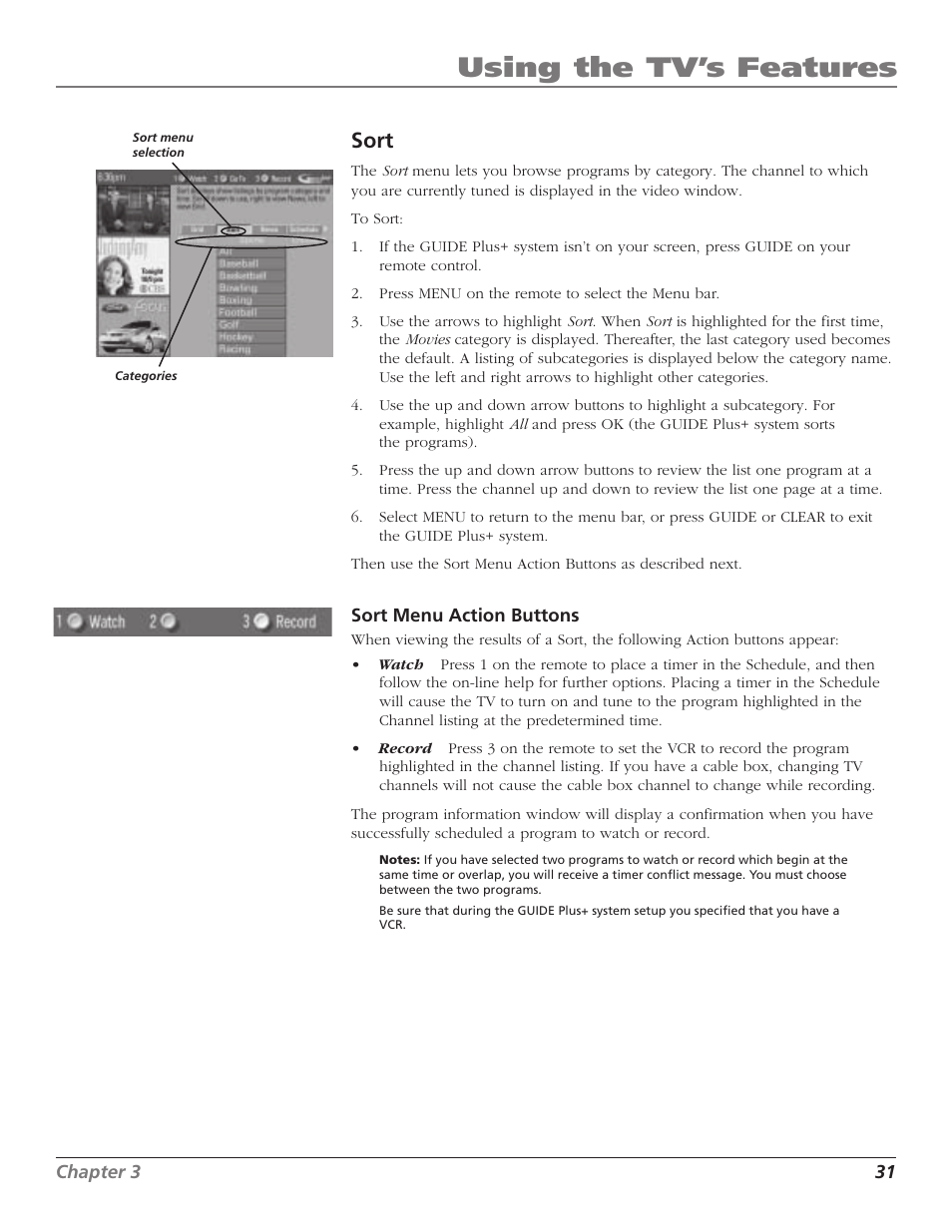 Using the tv’s features, Sort | RCA F36TF720 User Manual | Page 33 / 64