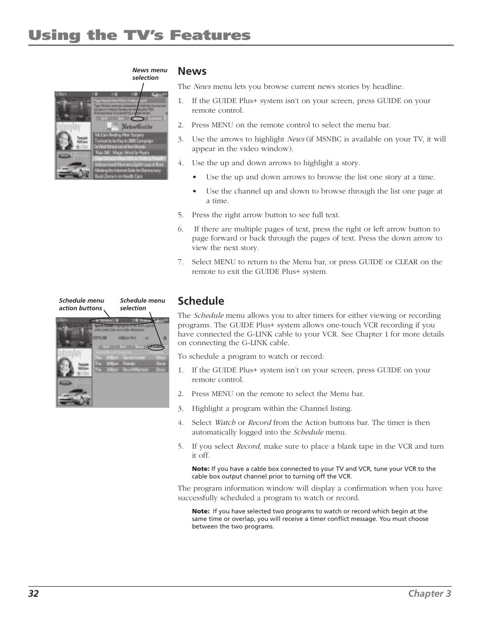 Using the tv’s features, News, Schedule | RCA F36TF720 User Manual | Page 34 / 64