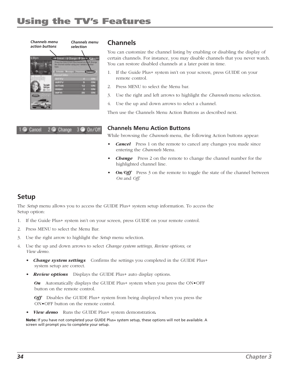 Using the tv’s features, Channels, Setup | RCA F36TF720 User Manual | Page 36 / 64