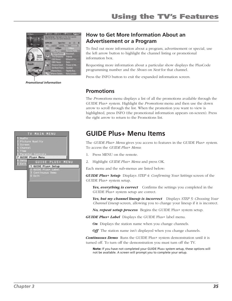 Using the tv’s features, Guide plus+ menu items, Promotions | RCA F36TF720 User Manual | Page 37 / 64