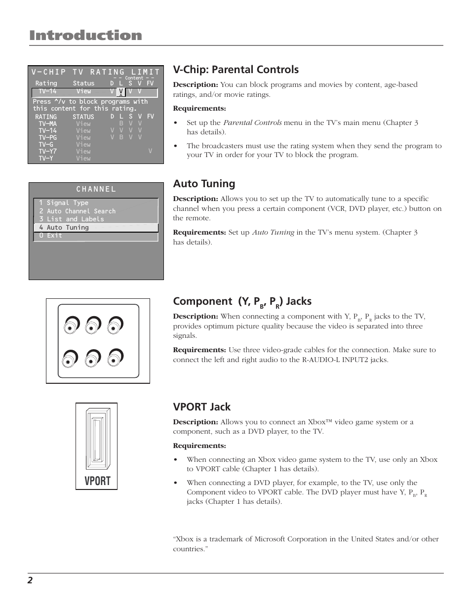 Introduction, Vport, V-chip: parental controls | Auto tuning, Component (y, p, Jacks, Vport jack | RCA F36TF720 User Manual | Page 4 / 64