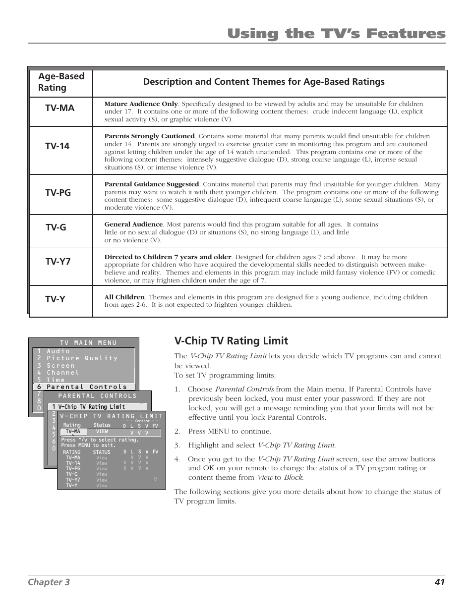 Using the tv’s features, V-chip tv rating limit, Chapter 3 41 | RCA F36TF720 User Manual | Page 43 / 64