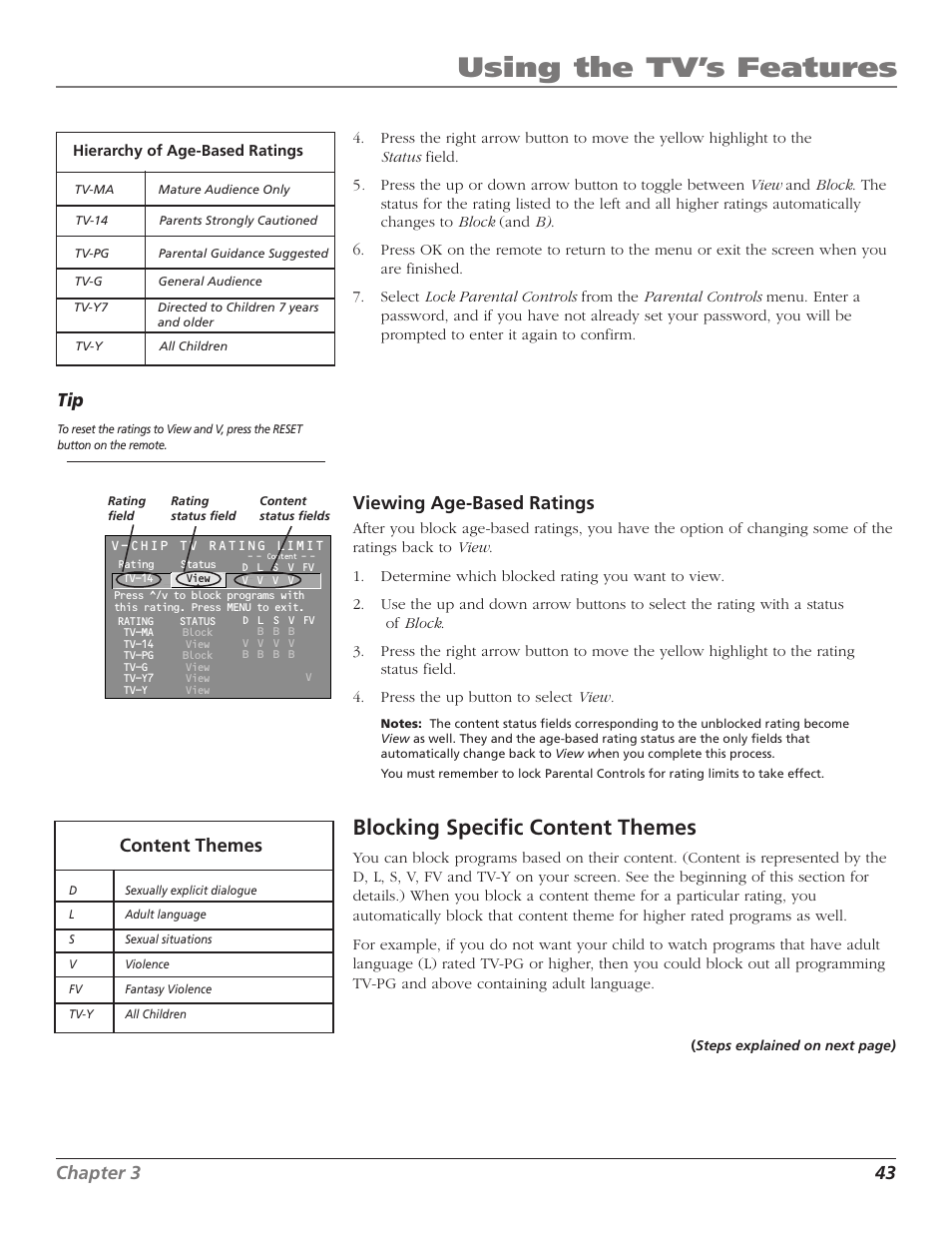 Using the tv’s features, Blocking specific content themes, Chapter 3 43 | Viewing age-based ratings, Content themes | RCA F36TF720 User Manual | Page 45 / 64