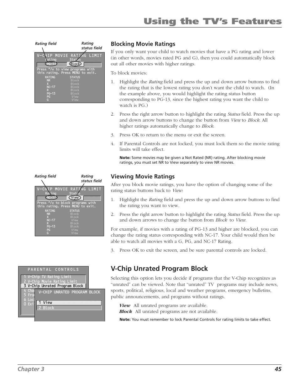 Using the tv’s features, V-chip unrated program block, Chapter 3 45 blocking movie ratings | Viewing movie ratings | RCA F36TF720 User Manual | Page 47 / 64