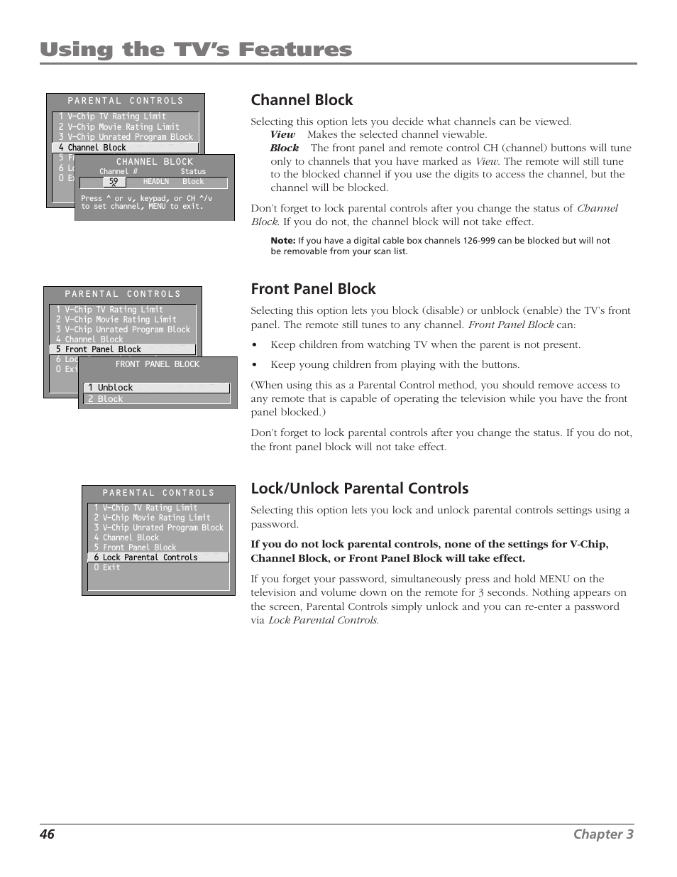 Using the tv’s features, Channel block, Front panel block | Lock/unlock parental controls, 46 chapter 3 | RCA F36TF720 User Manual | Page 48 / 64