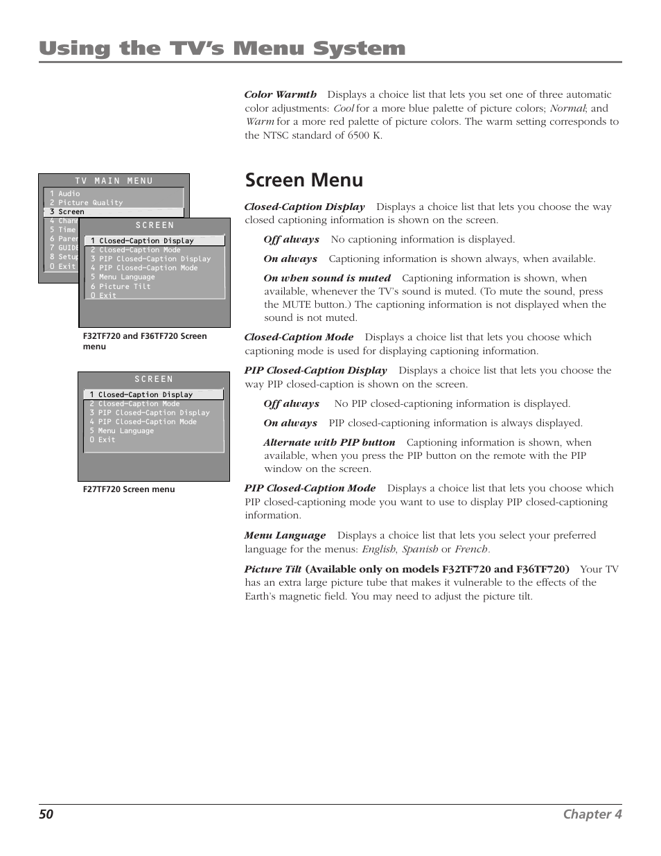 Using the tv’s menu system, Screen menu | RCA F36TF720 User Manual | Page 52 / 64