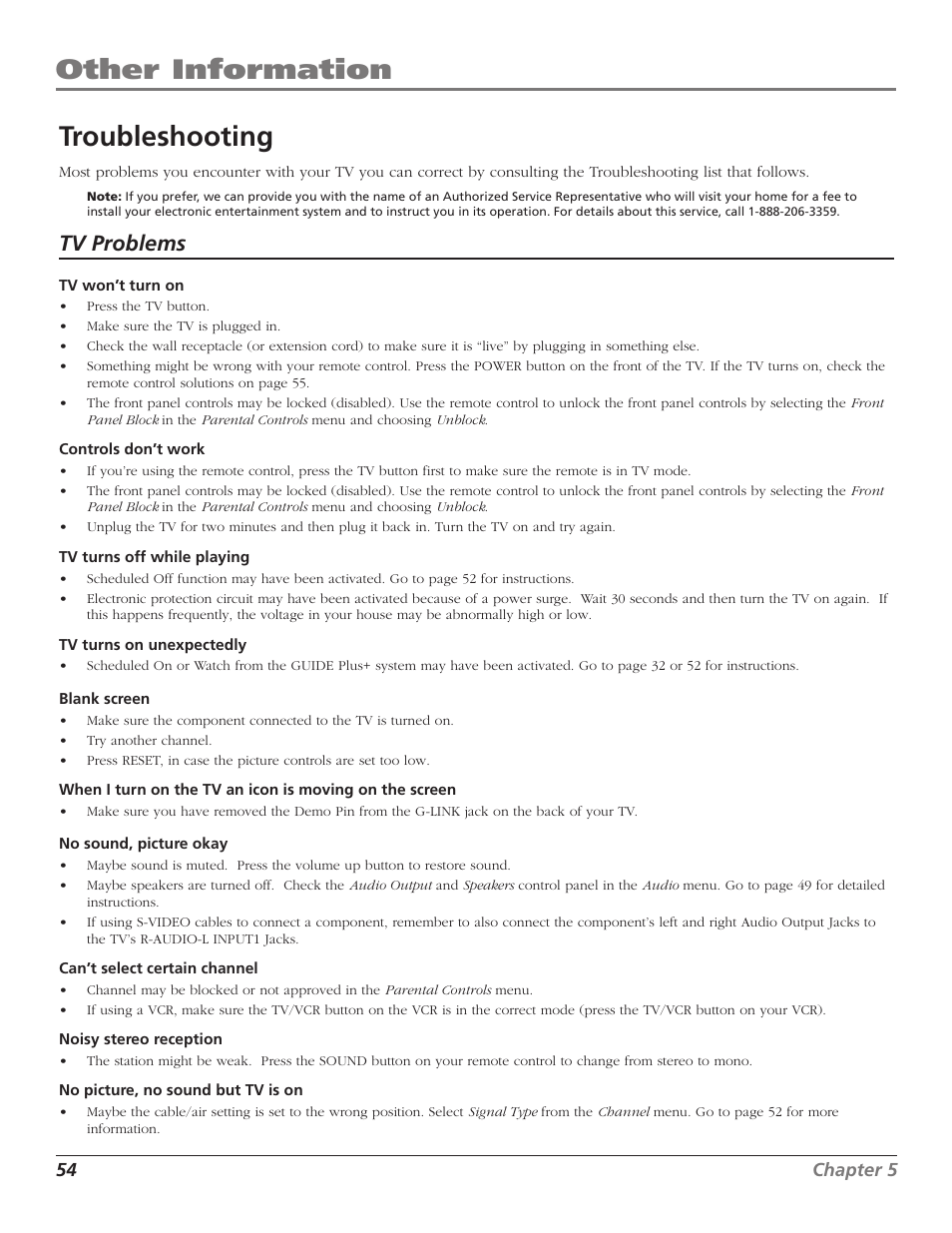 Other information, Troubleshooting, Tv problems | RCA F36TF720 User Manual | Page 56 / 64