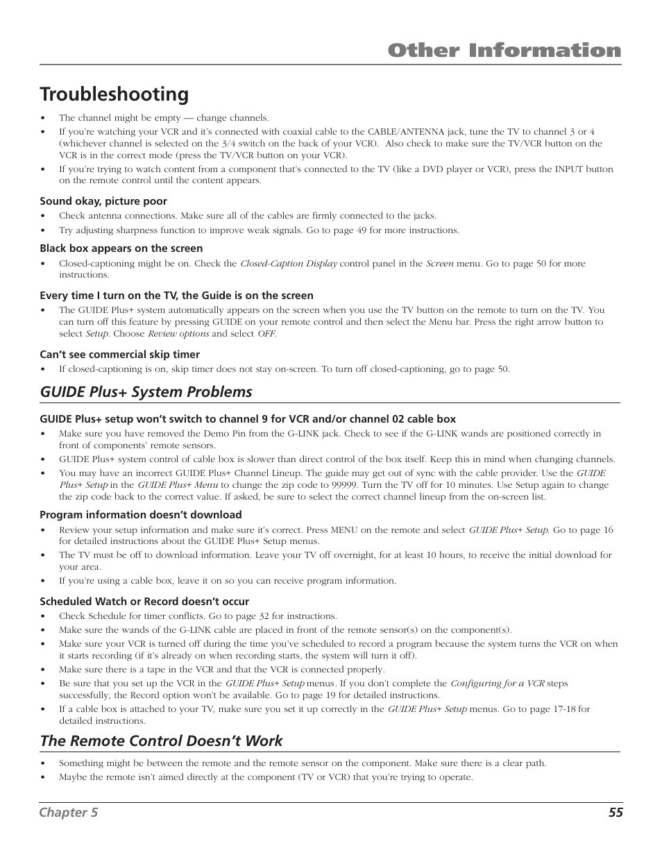 Other information troubleshooting, Guide plus+ system problems, The remote control doesn’t work | RCA F36TF720 User Manual | Page 57 / 64