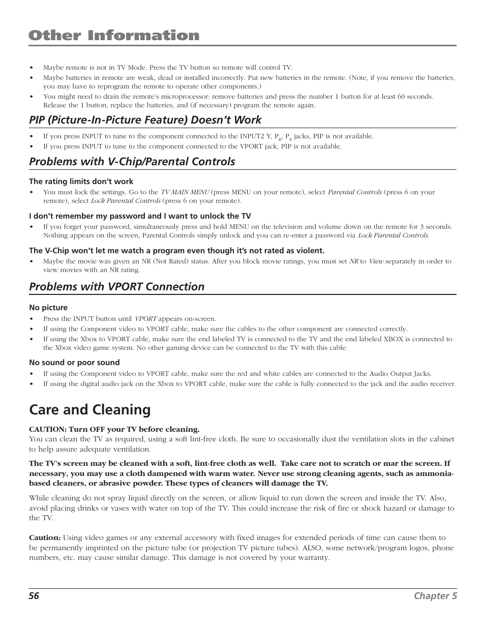 Other information, Care and cleaning, Pip (picture-in-picture feature) doesn’t work | Problems with v-chip/parental controls, Problems with vport connection | RCA F36TF720 User Manual | Page 58 / 64