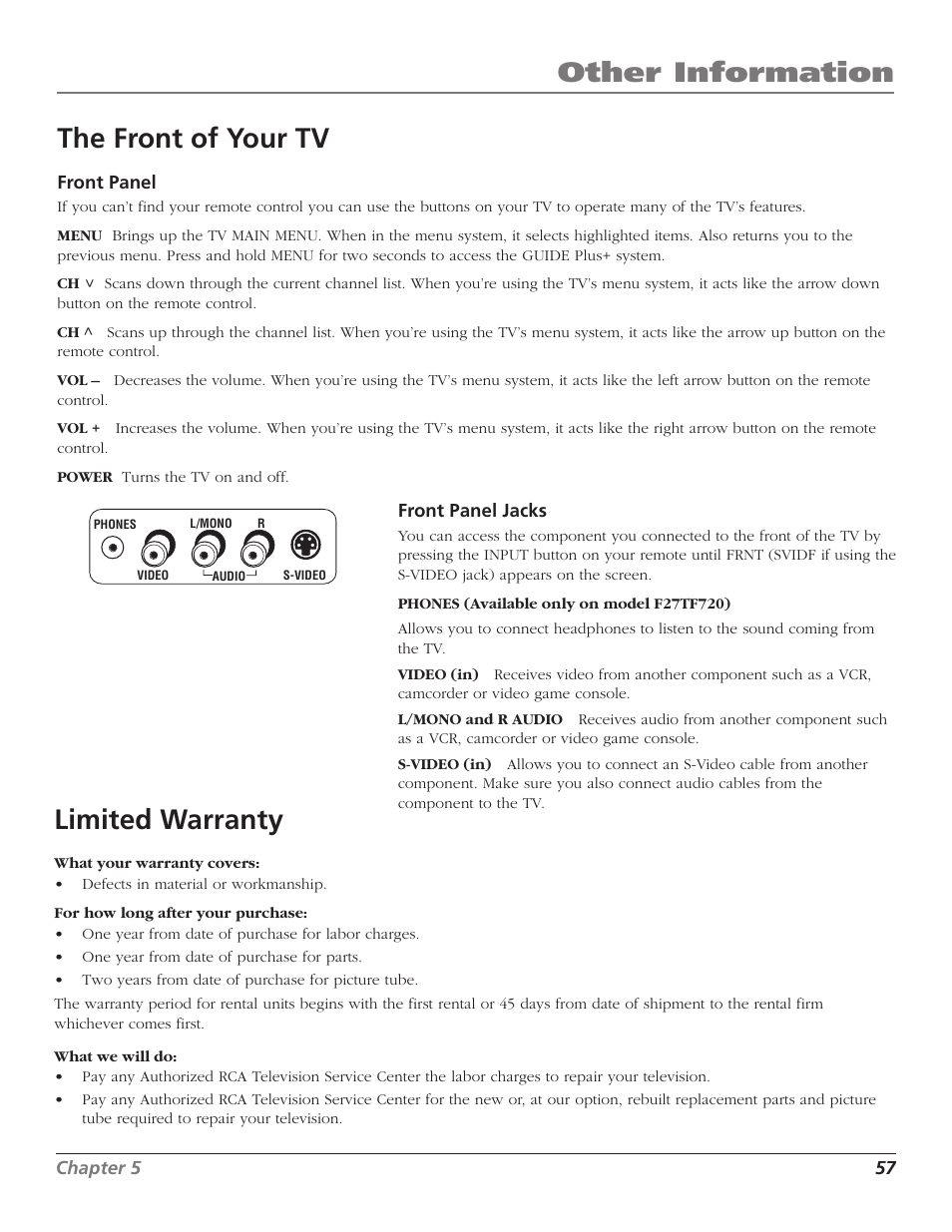 Other information the front of your tv, Limited warranty | RCA F36TF720 User Manual | Page 59 / 64