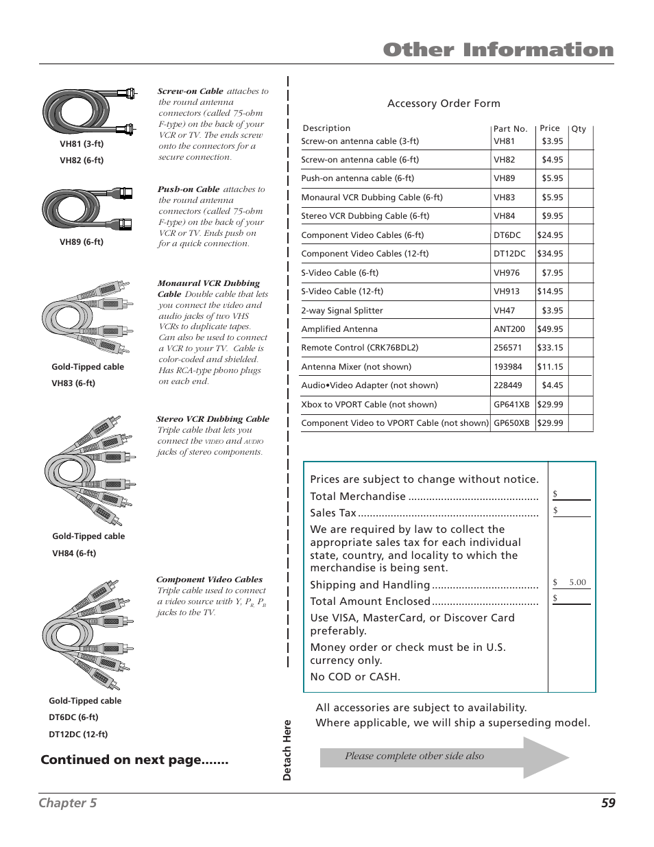 Other information, Chapter 5 59, Continued on next page | RCA F36TF720 User Manual | Page 61 / 64