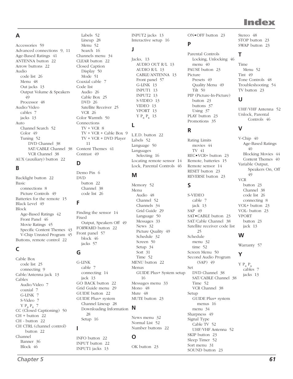 Index, Chapter 5 61 | RCA F36TF720 User Manual | Page 63 / 64