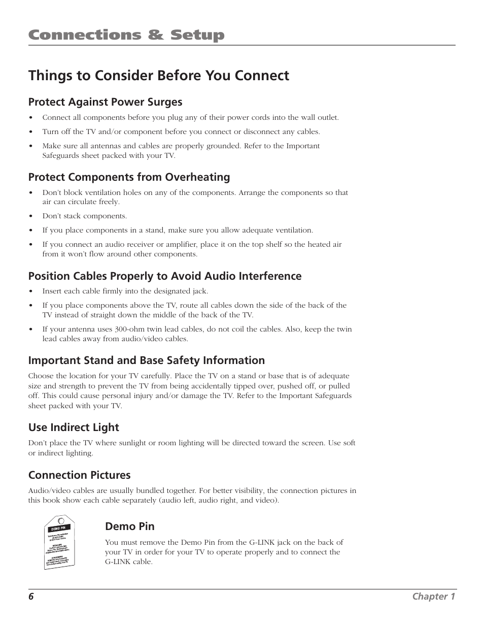 Protect against power surges, Protect components from overheating, Important stand and base safety information | Use indirect light, Connection pictures, Demo pin, 6chapter 1 | RCA F36TF720 User Manual | Page 8 / 64