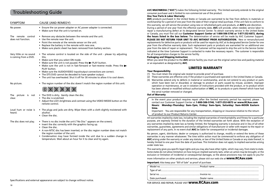 Troubleshooting guide, Limited warranty | RCA DRC62708 User Manual | Page 12 / 12