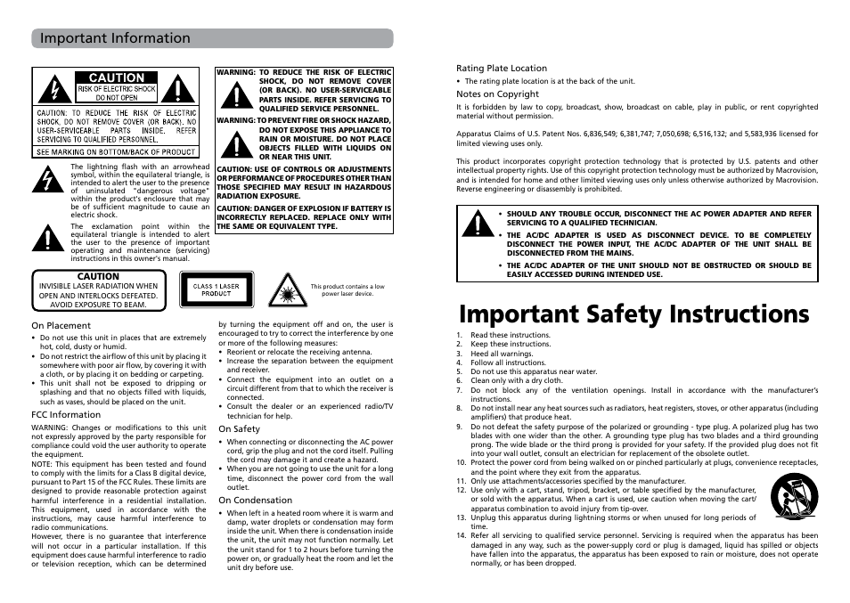 Important safety instructions, Important information | RCA DRC62708 User Manual | Page 2 / 12