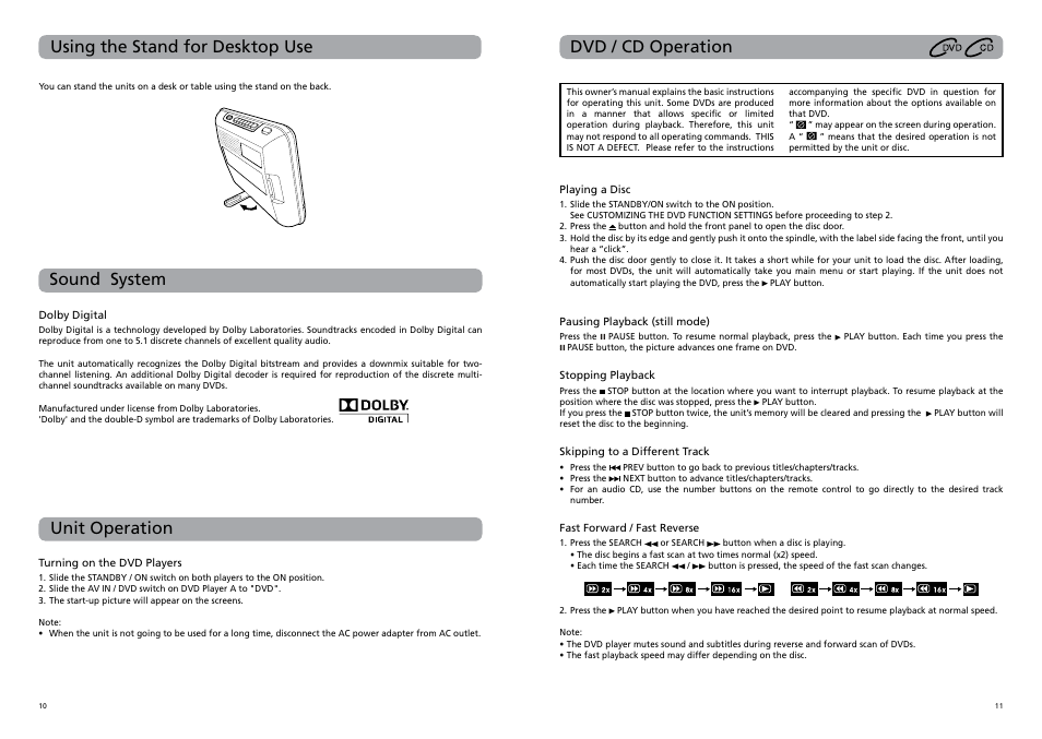 Dvd / cd operation, Unit operation, Sound system | Using the stand for desktop use | RCA DRC62708 User Manual | Page 8 / 12