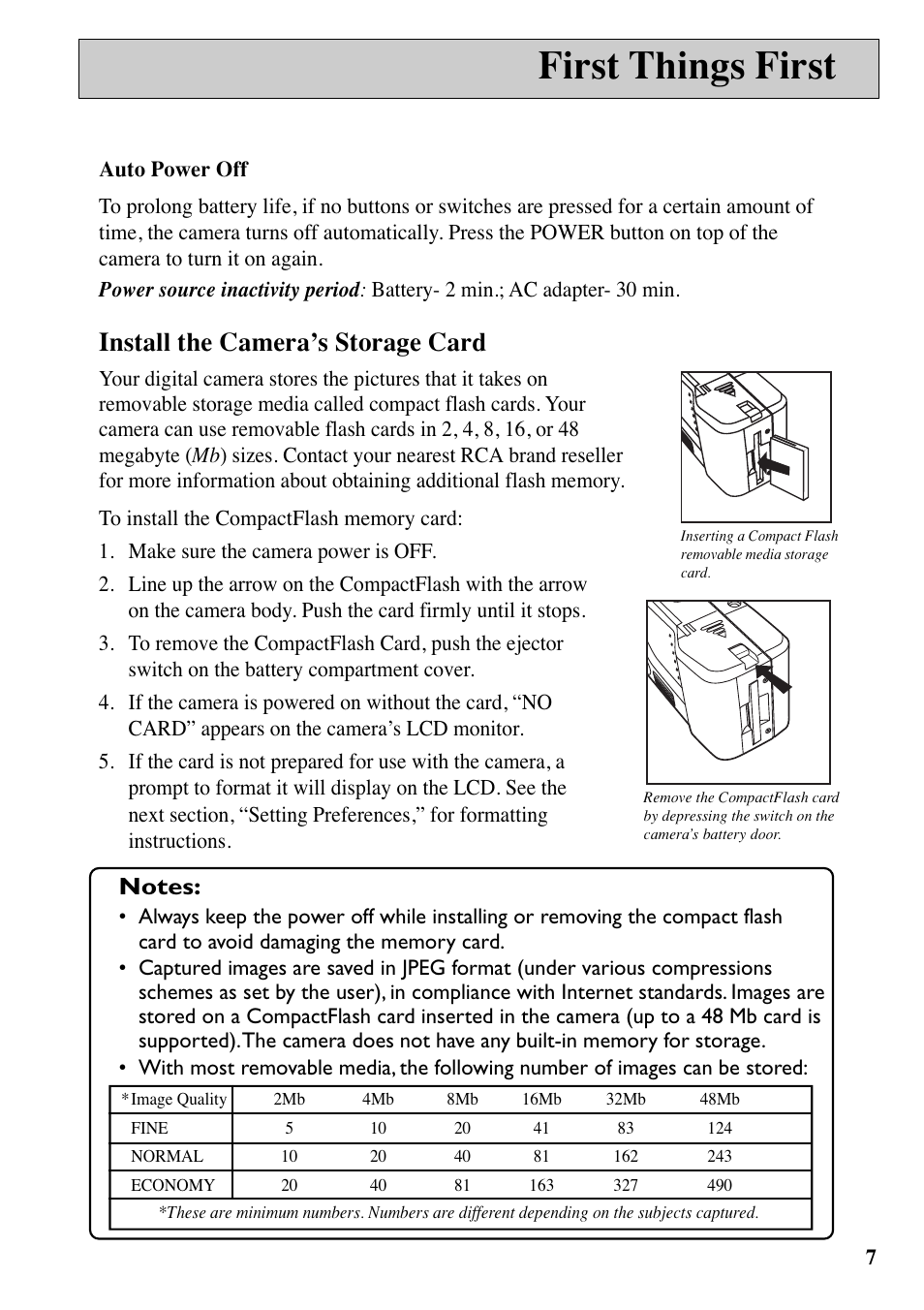 First things first, Install the camera’s storage card | RCA MACINTOSH CDS1000 User Manual | Page 11 / 50