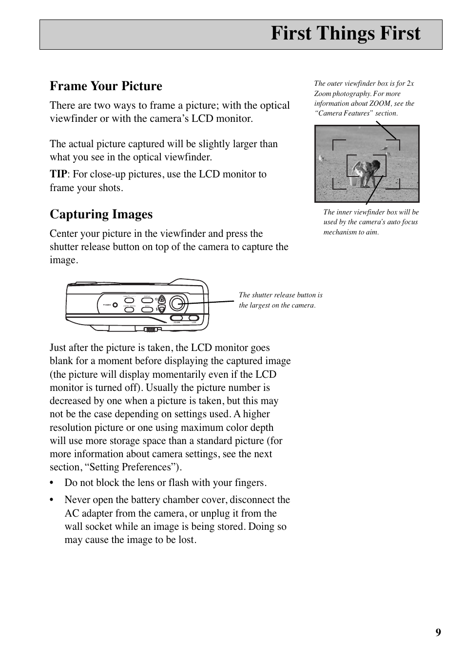 First things first, Frame your picture, Capturing images | RCA MACINTOSH CDS1000 User Manual | Page 13 / 50