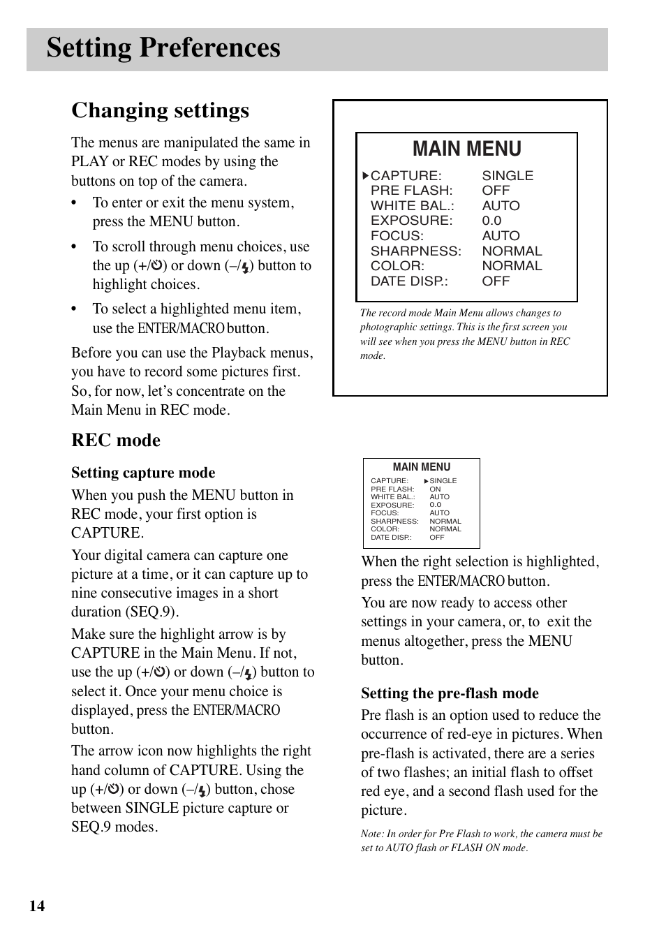 Setting preferences, Changing settings, Main menu | Rec mode | RCA MACINTOSH CDS1000 User Manual | Page 18 / 50