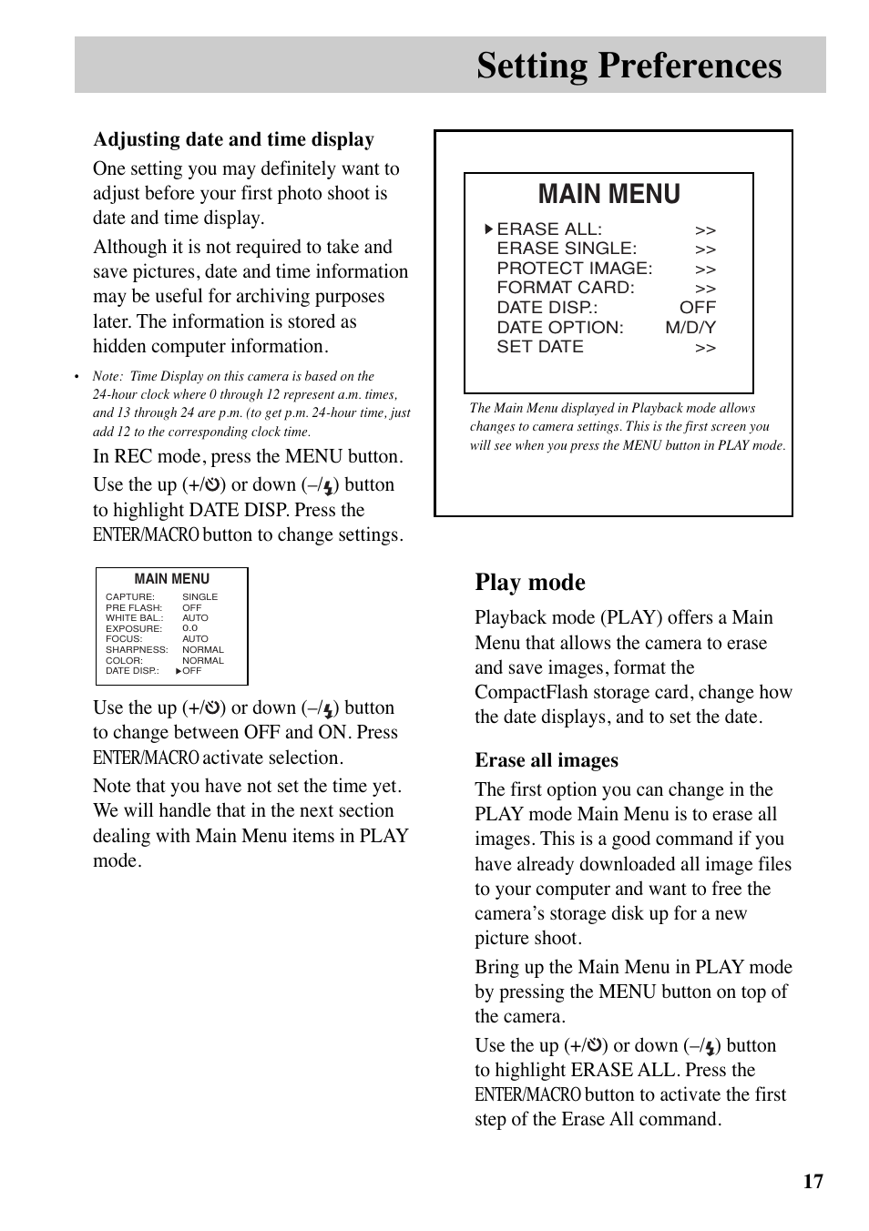 Setting preferences, Main menu, Play mode | RCA MACINTOSH CDS1000 User Manual | Page 21 / 50