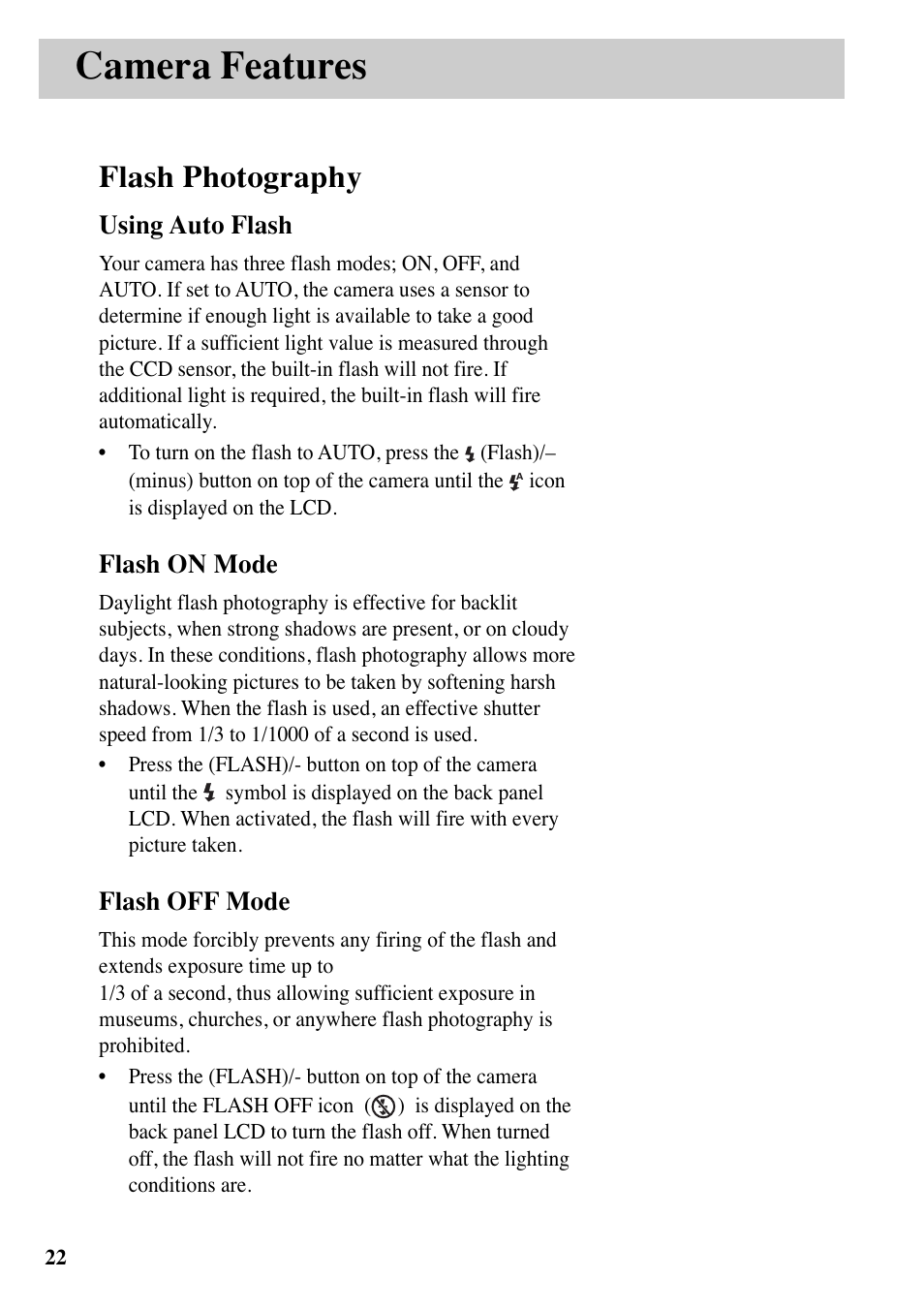Camera features, Flash photography, Using auto flash | Flash on mode, Flash off mode | RCA MACINTOSH CDS1000 User Manual | Page 26 / 50
