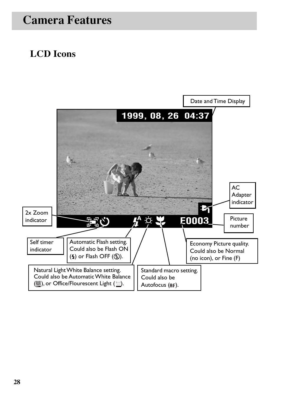Camera features, Lcd icons, E0003 | RCA MACINTOSH CDS1000 User Manual | Page 32 / 50