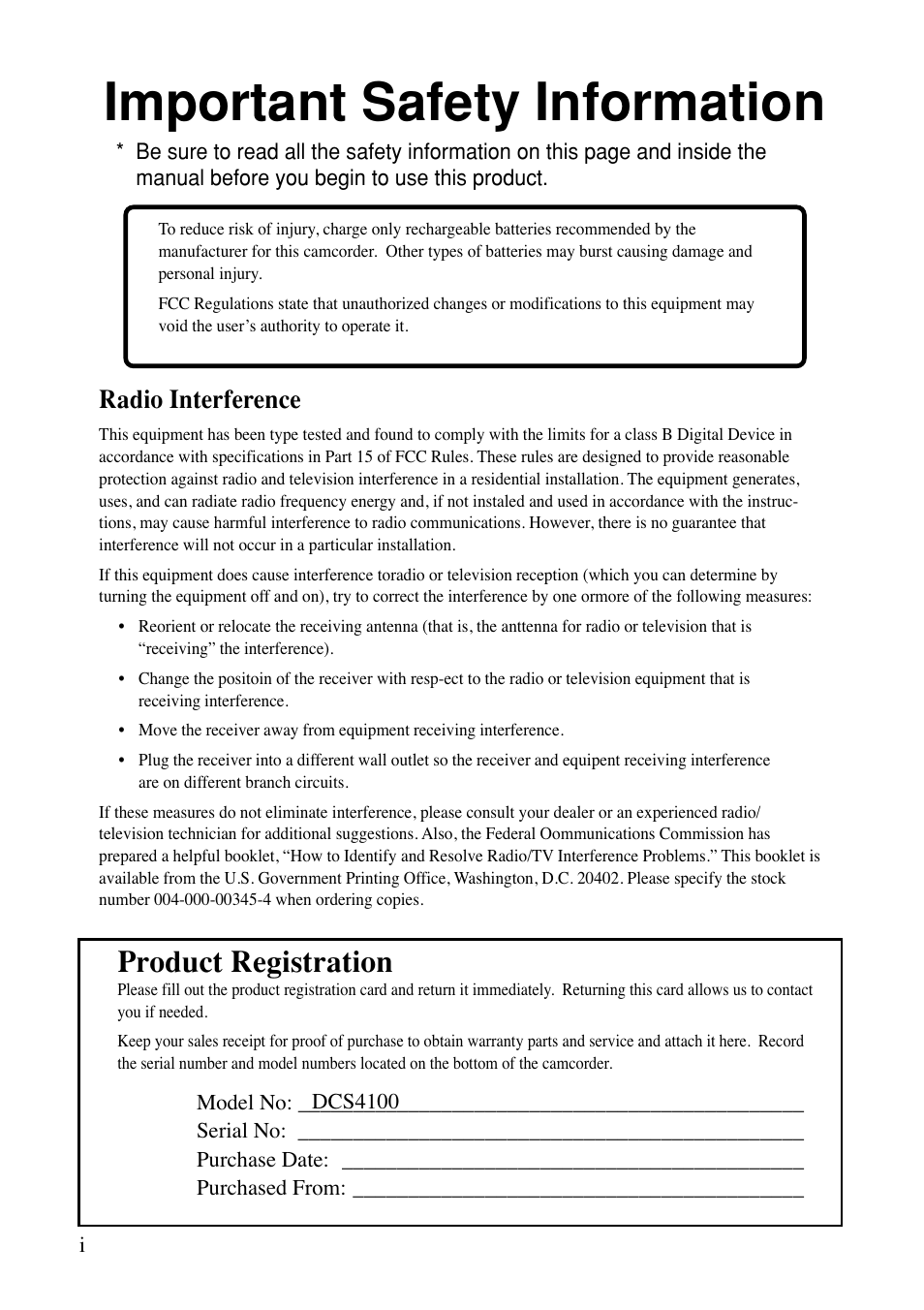 Important safety information, Product registration, Radio interference | RCA MACINTOSH CDS1000 User Manual | Page 4 / 50