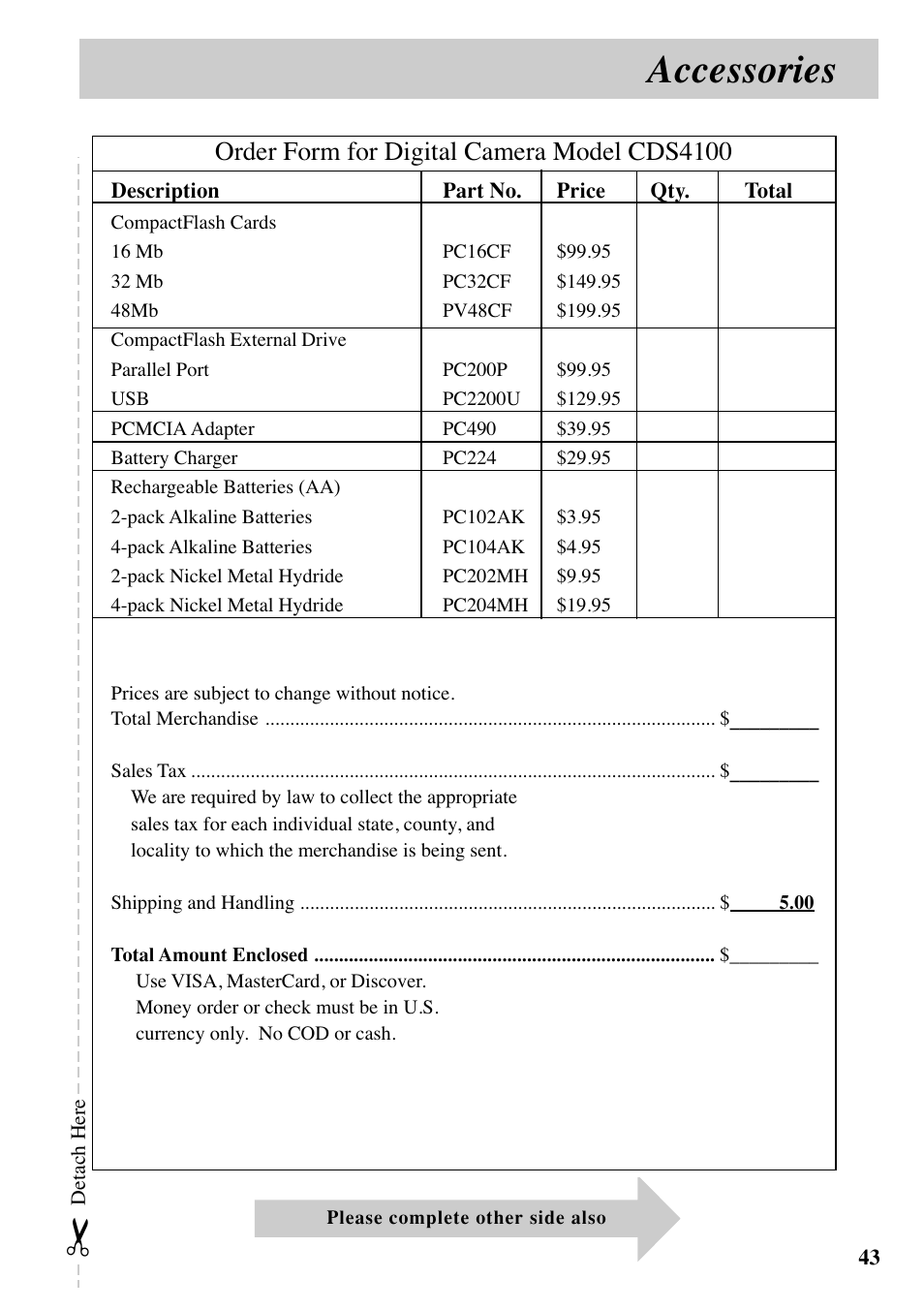 Accessories, Order form for digital camera model cds4100 | RCA MACINTOSH CDS1000 User Manual | Page 47 / 50