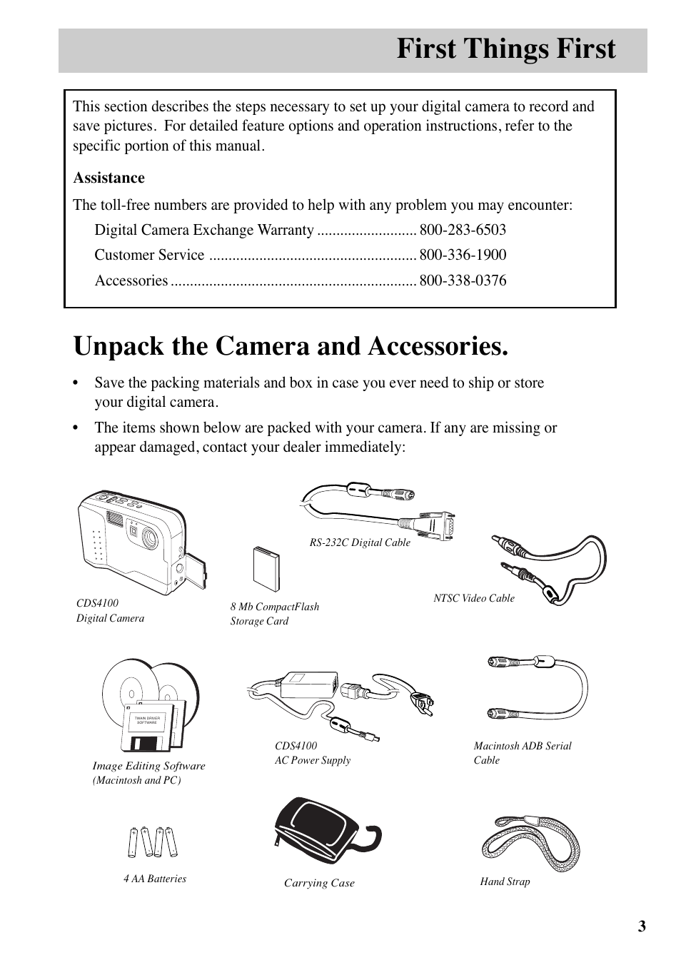 First things first, Unpack the camera and accessories | RCA MACINTOSH CDS1000 User Manual | Page 7 / 50