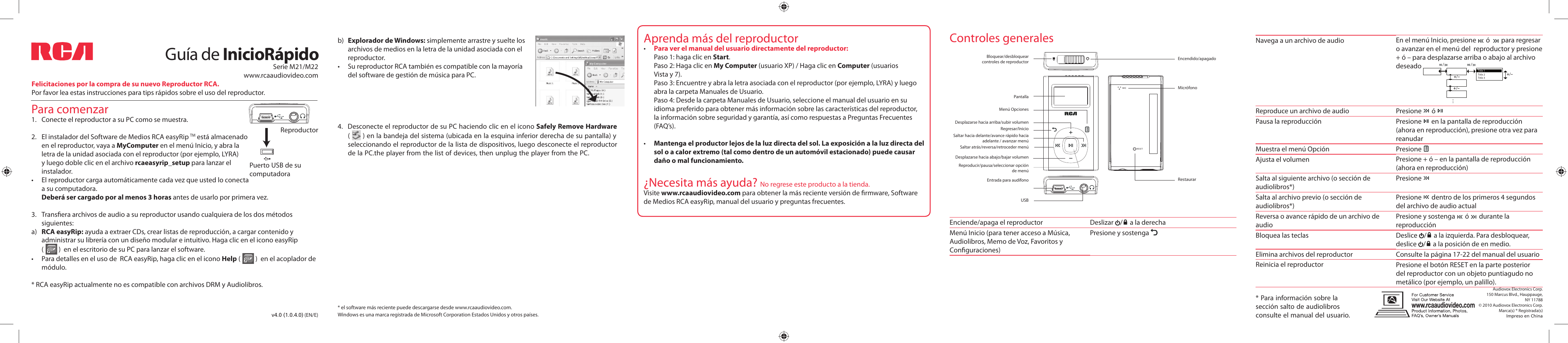 Guía de iniciorápido, Para comenzar, Controles generales | Aprenda más del reproductor, Necesita más ayuda | RCA Lyra M2204RD User Manual | Page 2 / 2