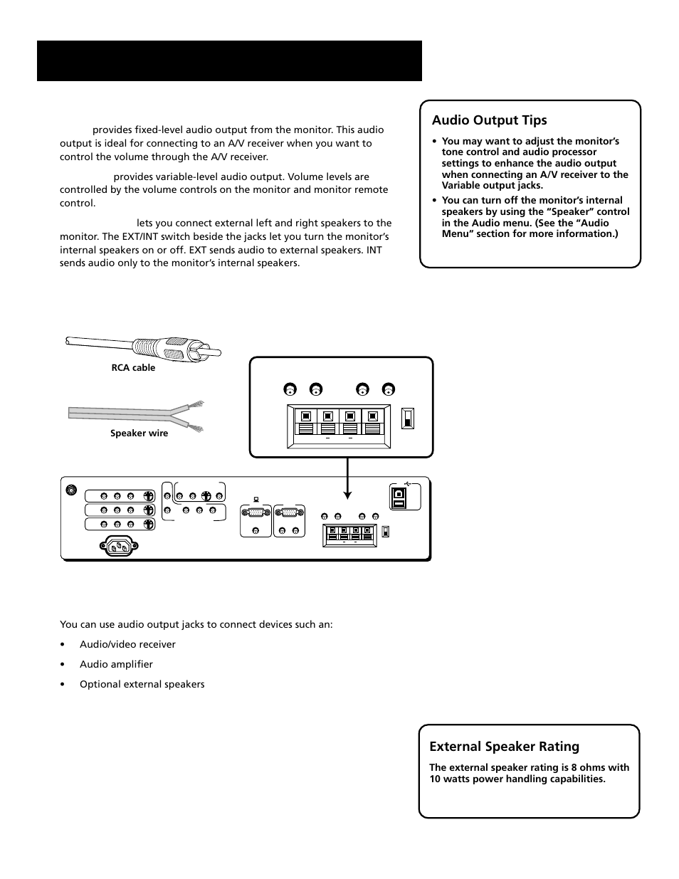 Connections & setup, Audio output, Audio output tips | External speaker rating, Rca cable speaker wire | RCA MultiMedia Monitor User Manual | Page 11 / 64