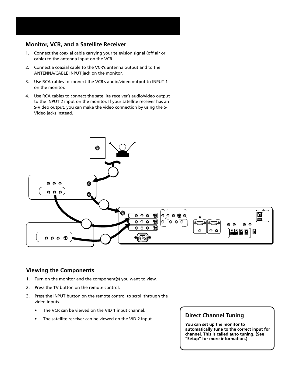 Connections & setup, Monitor, vcr, and a satellite receiver, Viewing the components | Direct channel tuning | RCA MultiMedia Monitor User Manual | Page 13 / 64