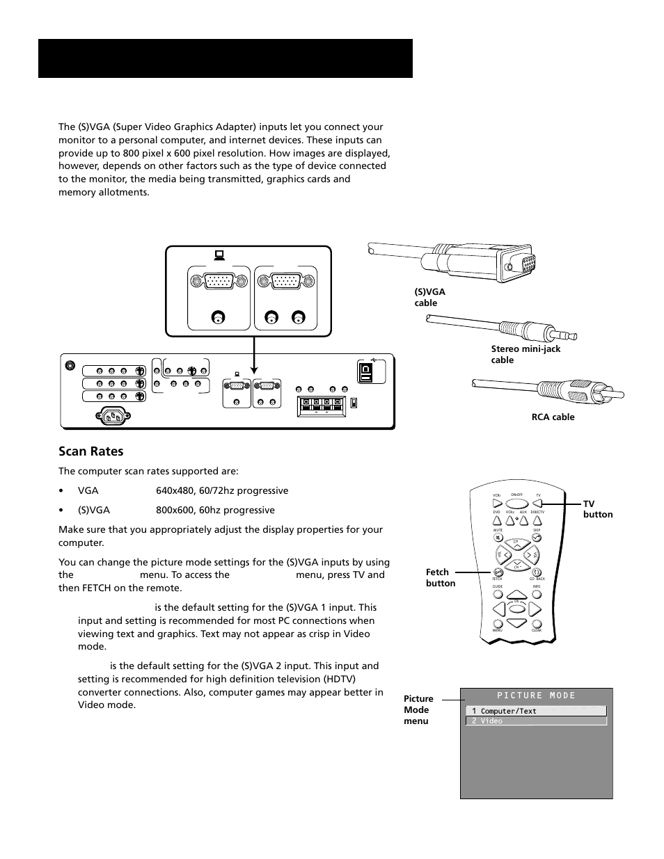 Connections & setup, S)vga video inputs –(s)vga1, (s)vga2, Scan rates | Tv button fetch button picture mode menu, 1 computer/text 2 video | RCA MultiMedia Monitor User Manual | Page 16 / 64