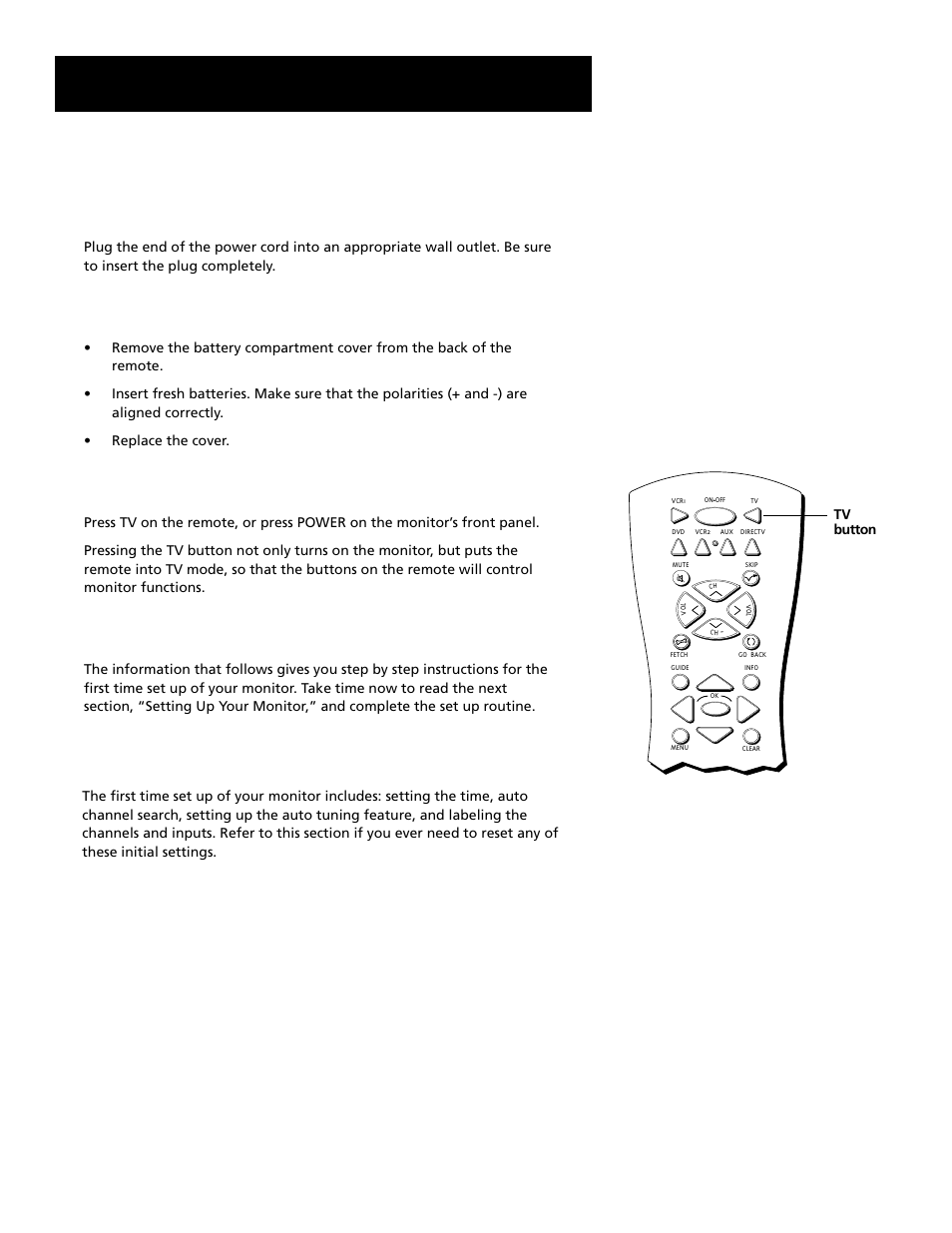 Auto channel search, Connections & setup, Setting up the monitor | First time set up, Step 1: plug in the monitor, Step 2: place batteries in remote, Step 3: turn on the monitor, Step 4: set up the monitor | RCA MultiMedia Monitor User Manual | Page 20 / 64