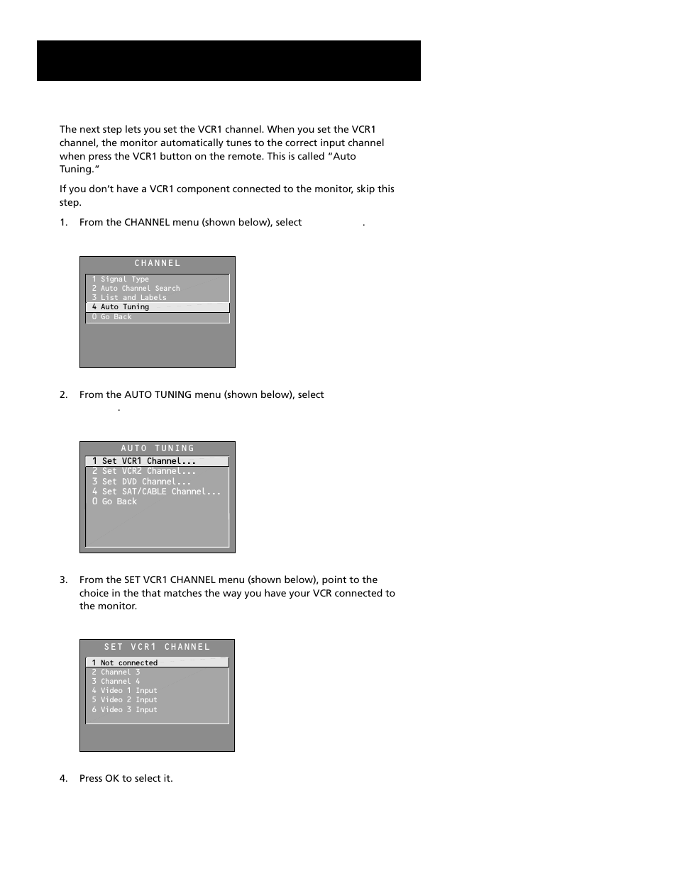 Set the dvd channel (auto tuning), Connections & setup, Set the vcr1 channel (auto tuning) | RCA MultiMedia Monitor User Manual | Page 23 / 64