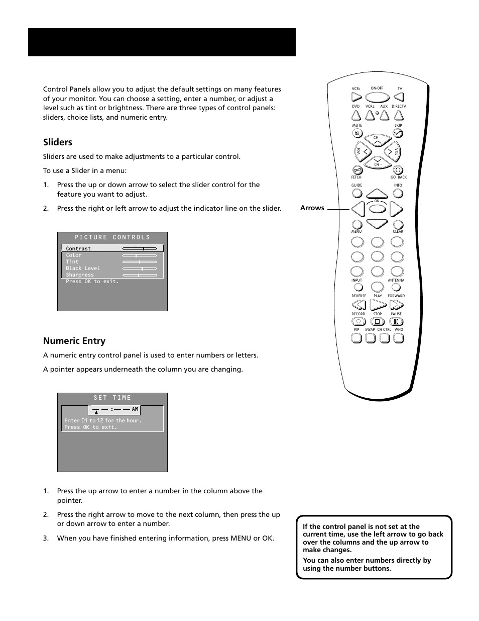 Control panels, Menus and features, Sliders | Numeric entry | RCA MultiMedia Monitor User Manual | Page 37 / 64