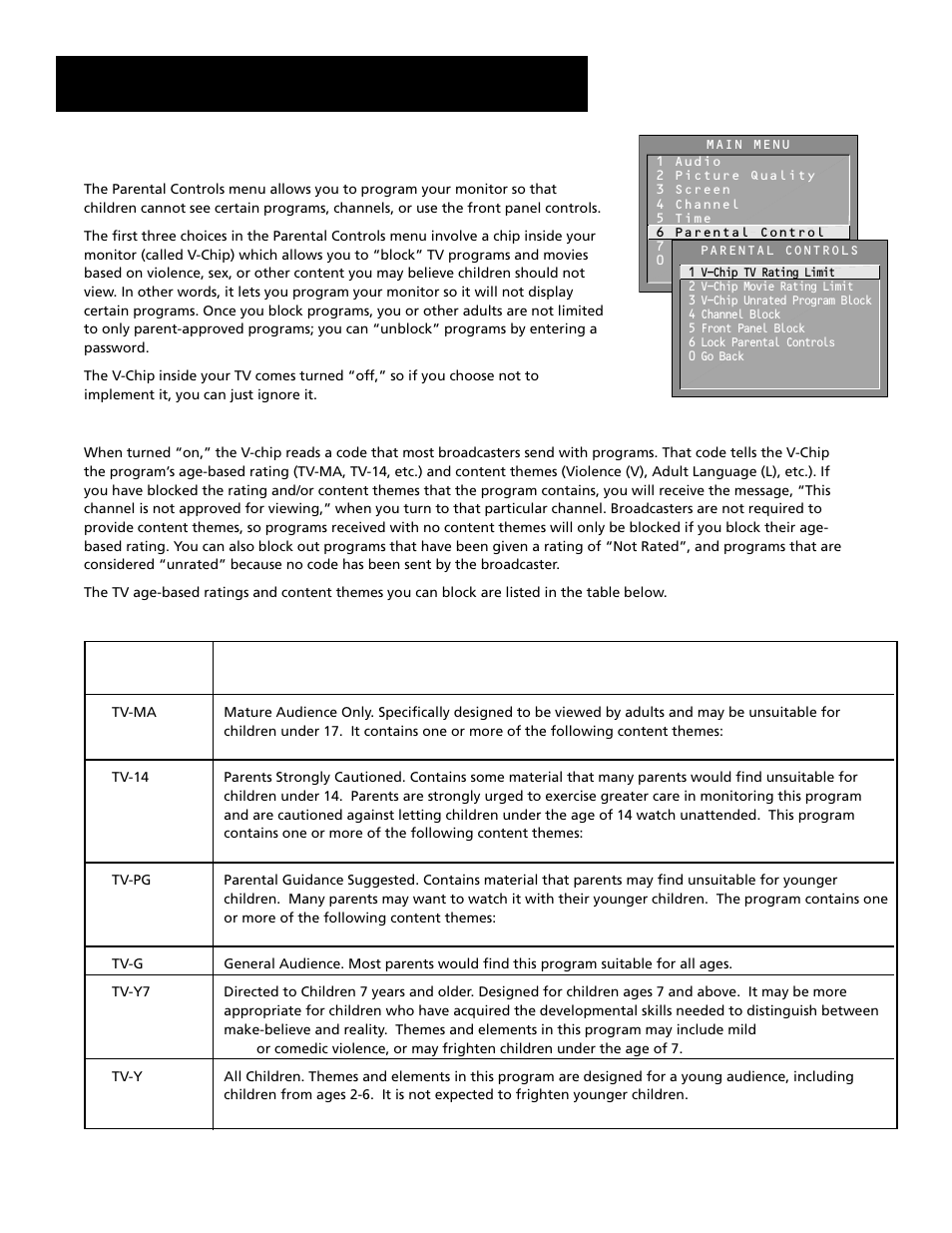 Parental controls and v-chip, Menus and features, 41 parental controls and v-chip | RCA MultiMedia Monitor User Manual | Page 43 / 64