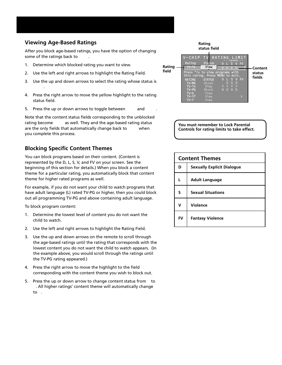 Menus and features, Viewing age-based ratings, Blocking specific content themes | Content themes | RCA MultiMedia Monitor User Manual | Page 46 / 64