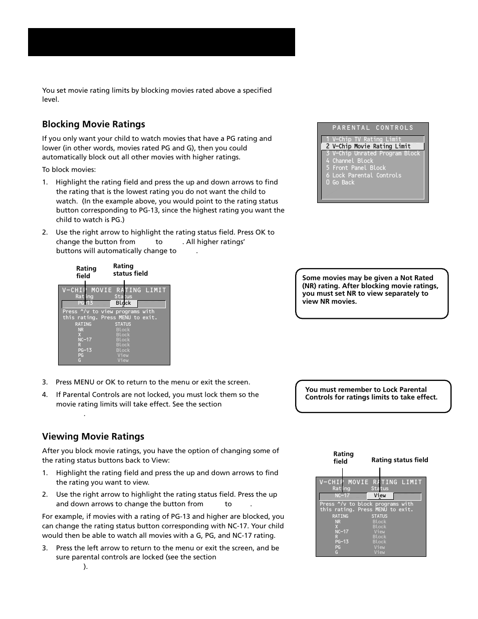 V-chip movie rating limit, Menus and features, Blocking movie ratings | Viewing movie ratings | RCA MultiMedia Monitor User Manual | Page 48 / 64