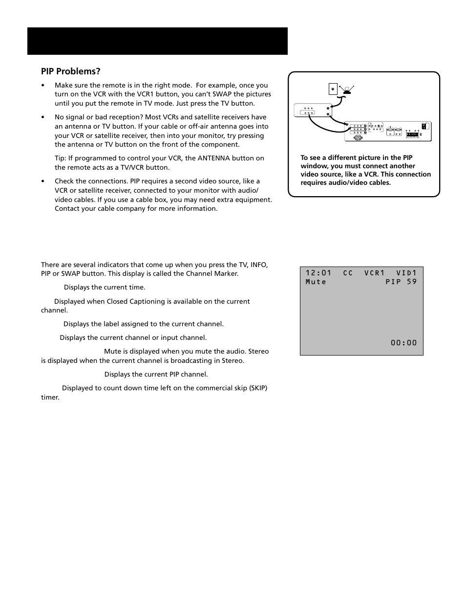 Channel marker, Menus and features, Pip problems | RCA MultiMedia Monitor User Manual | Page 51 / 64