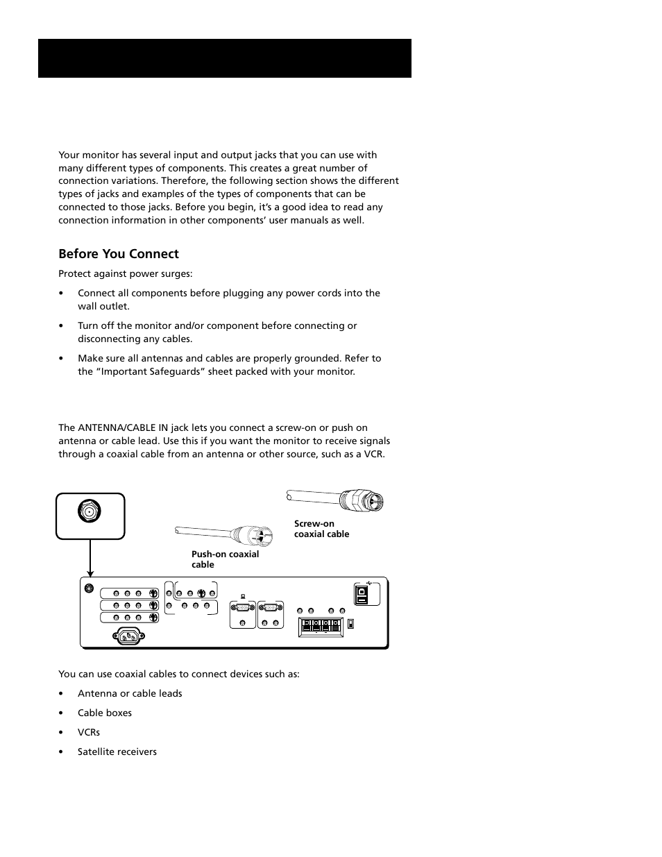 Audio/component video inputs, Selected video outputs, Connections & setup | Connecting components to your monitor, Before you connect, Antenna/cable in, Screw-on coaxial cable push-on coaxial cable | RCA MultiMedia Monitor User Manual | Page 8 / 64