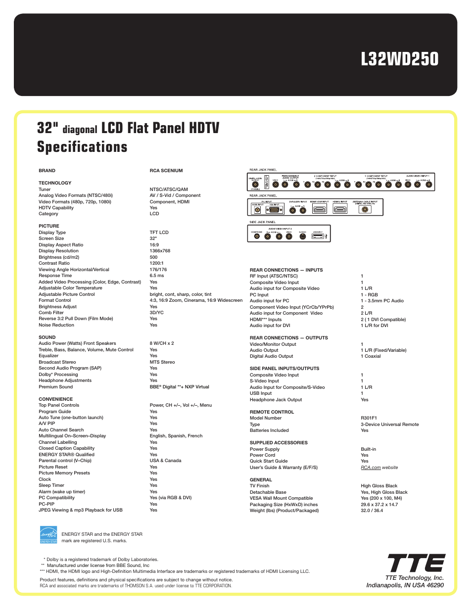 Lcd flat panel hdtv specifications, Diagonal | RCA L32WD250 User Manual | Page 2 / 2