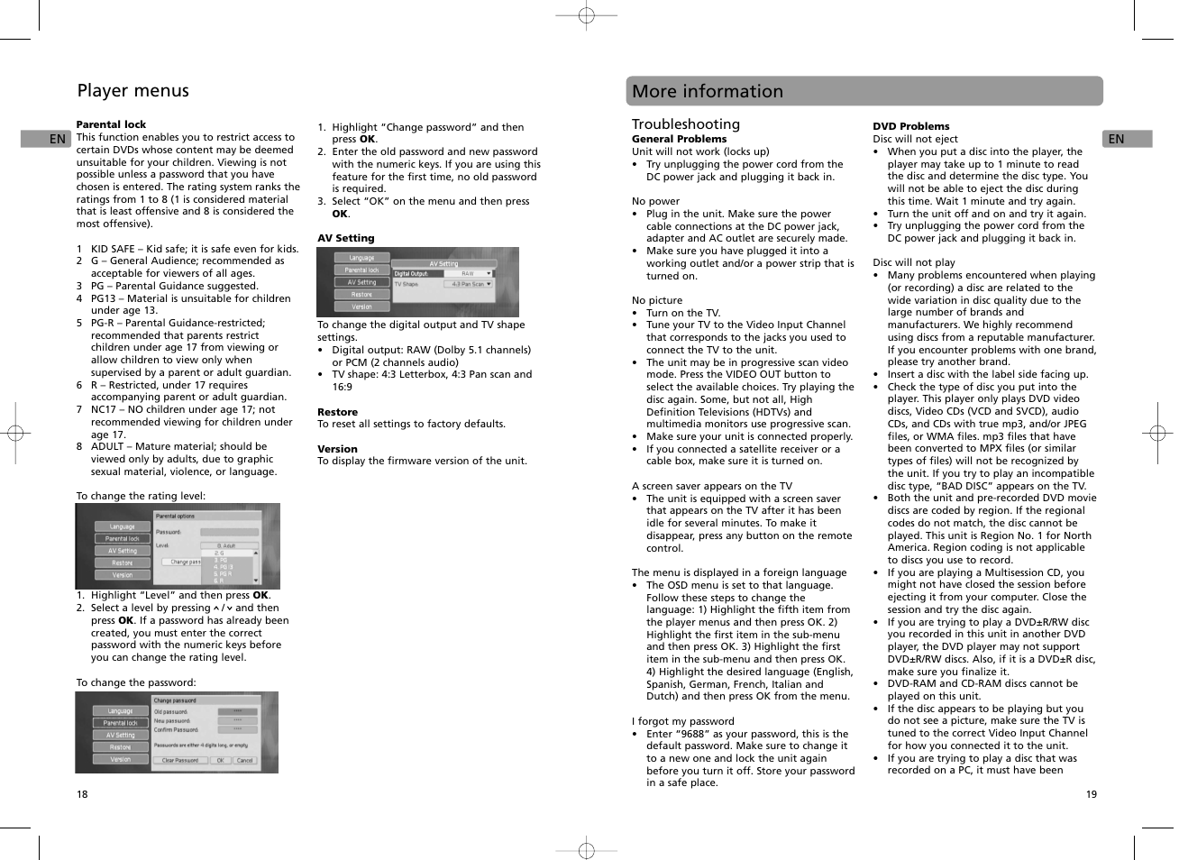 More information, Player menus | RCA EZDVD1 User Manual | Page 10 / 12