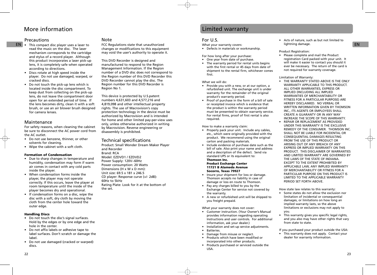 More information, Limited warranty | RCA EZDVD1 User Manual | Page 12 / 12