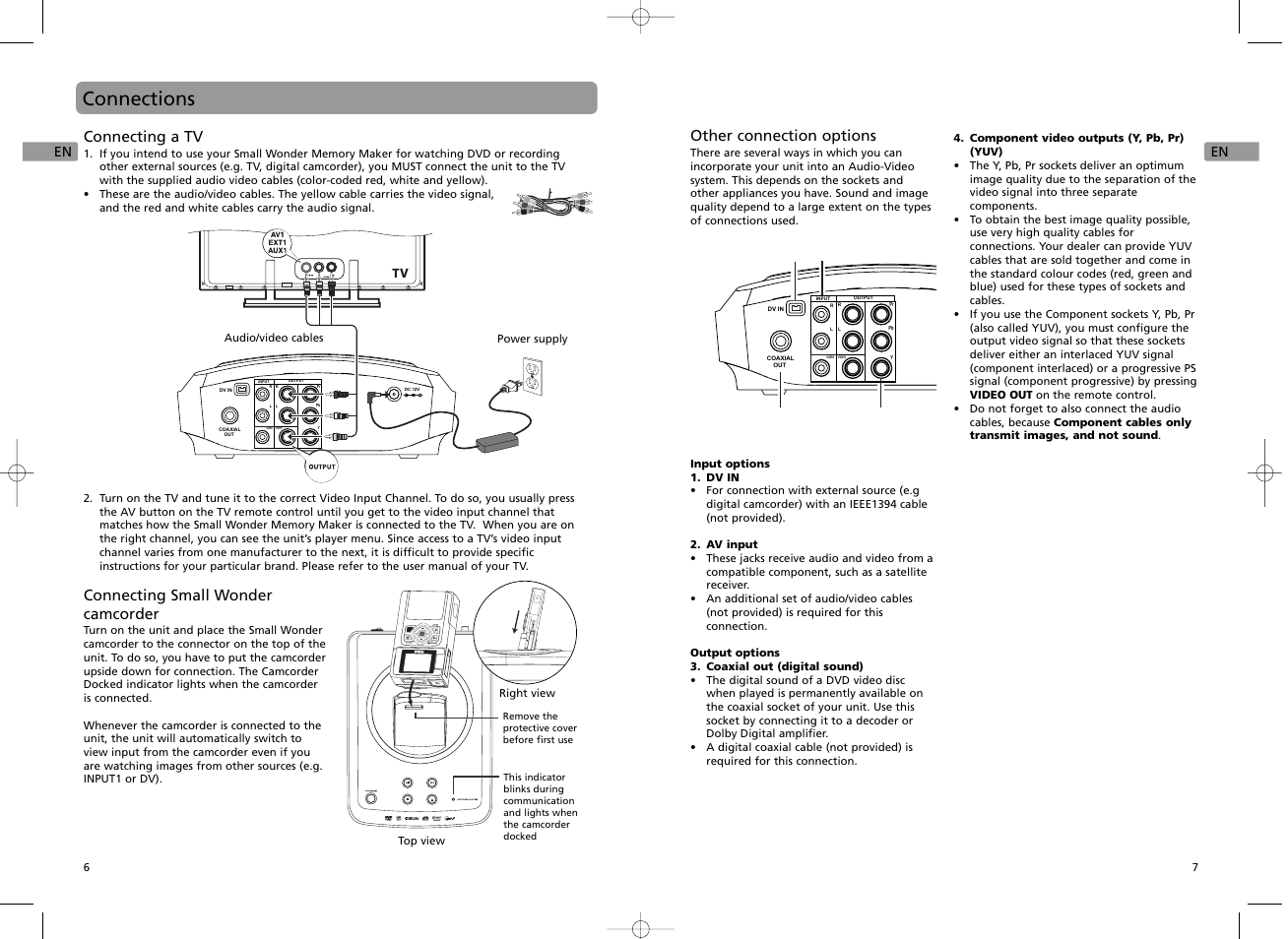 Connections, Connecting a tv, Connecting small wonder camcorder | Other connection options | RCA EZDVD1 User Manual | Page 4 / 12