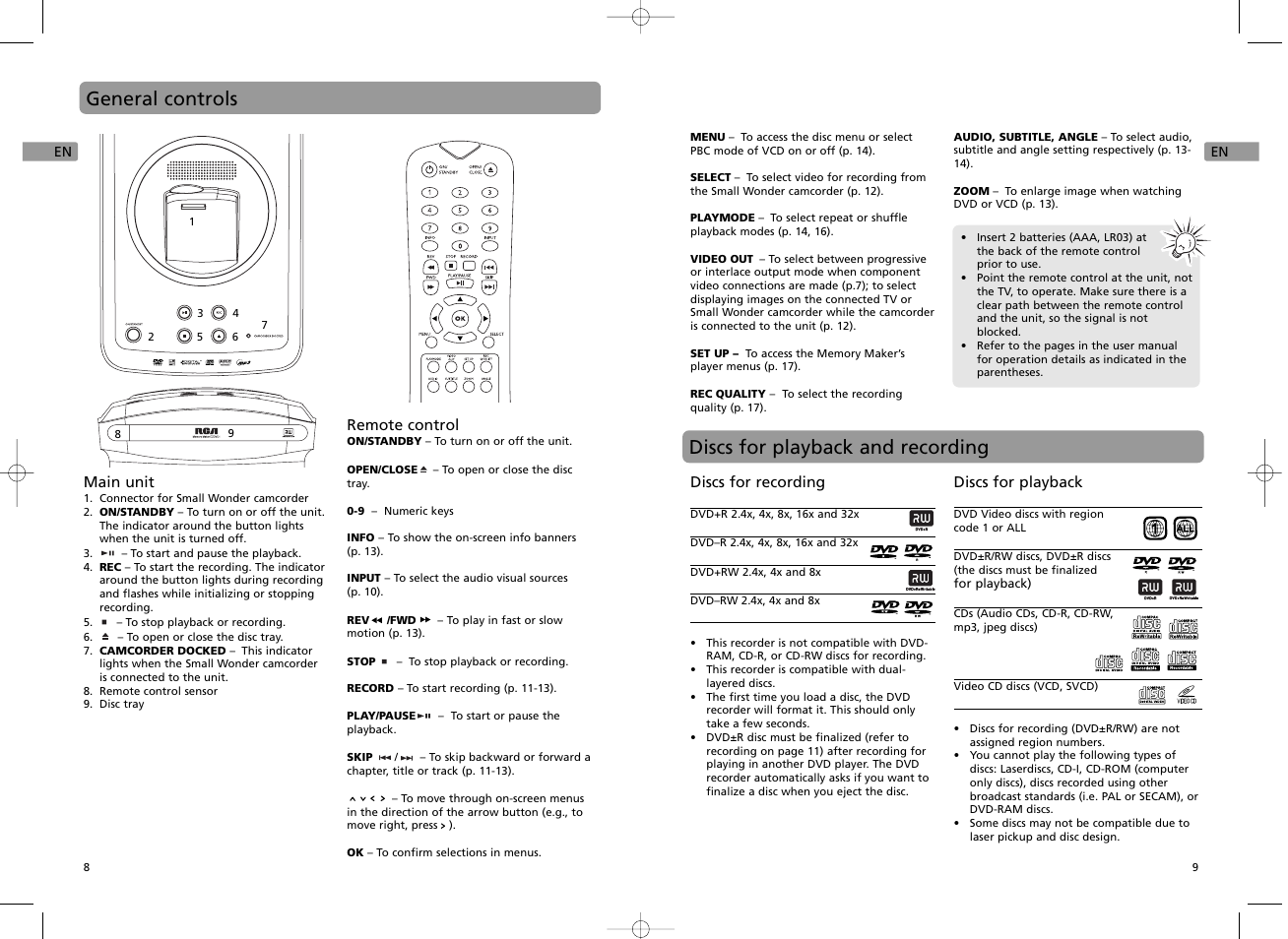 General controls discs for playback and recording | RCA EZDVD1 User Manual | Page 5 / 12