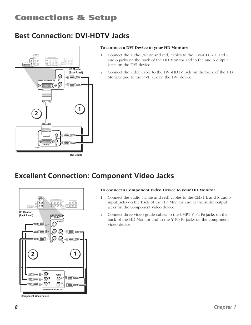 Connections & setup, Best connection: dvi-hdtv jacks, Excellent connection: component video jacks | 8chapter 1, Jacks on the p, For factory use only, Mono | RCA D52W23 User Manual | Page 10 / 48