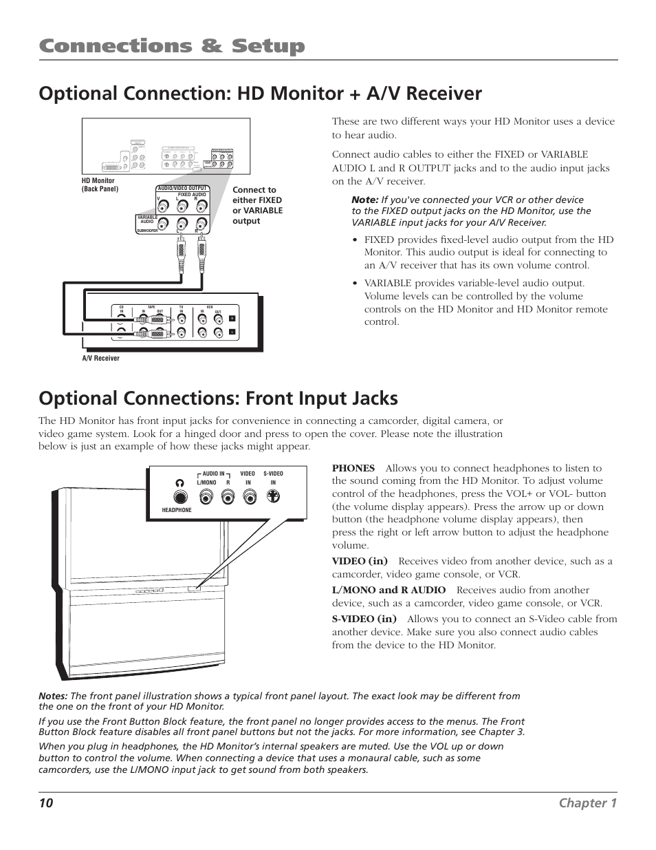 Connections & setup, Optional connection: hd monitor + a/v receiver, Optional connections: front input jacks | 10 chapter 1, For factory use only, Mono, Men u ch ch vo l— vo l+ po wer, Connect to either fixed or variable output | RCA D52W23 User Manual | Page 12 / 48