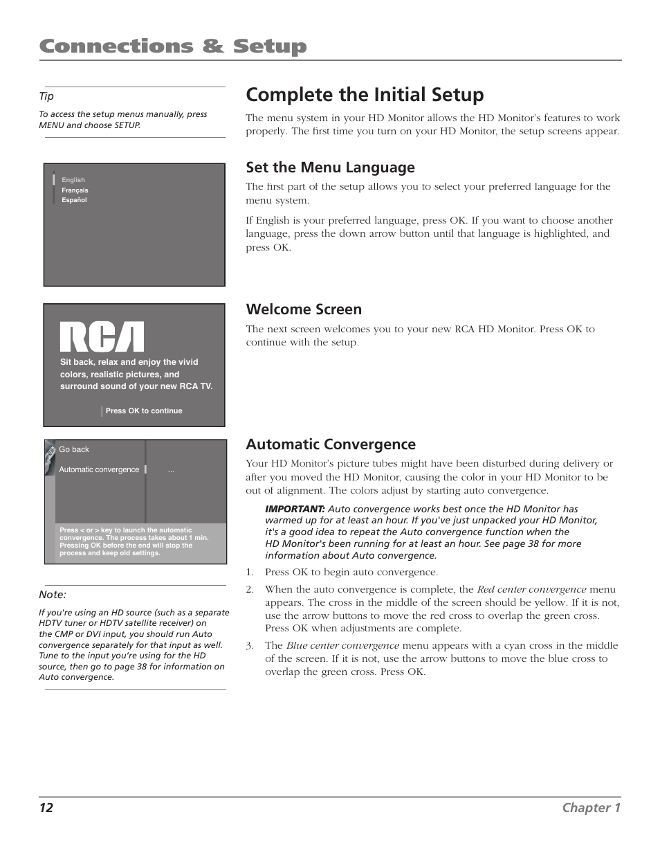 Connections & setup, Complete the initial setup, Welcome screen | Set the menu language, Automatic convergence, 12 chapter 1 | RCA D52W23 User Manual | Page 14 / 48