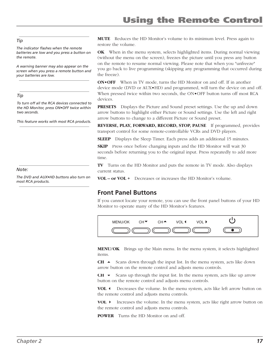Using the remote control, Front panel buttons | RCA D52W23 User Manual | Page 19 / 48
